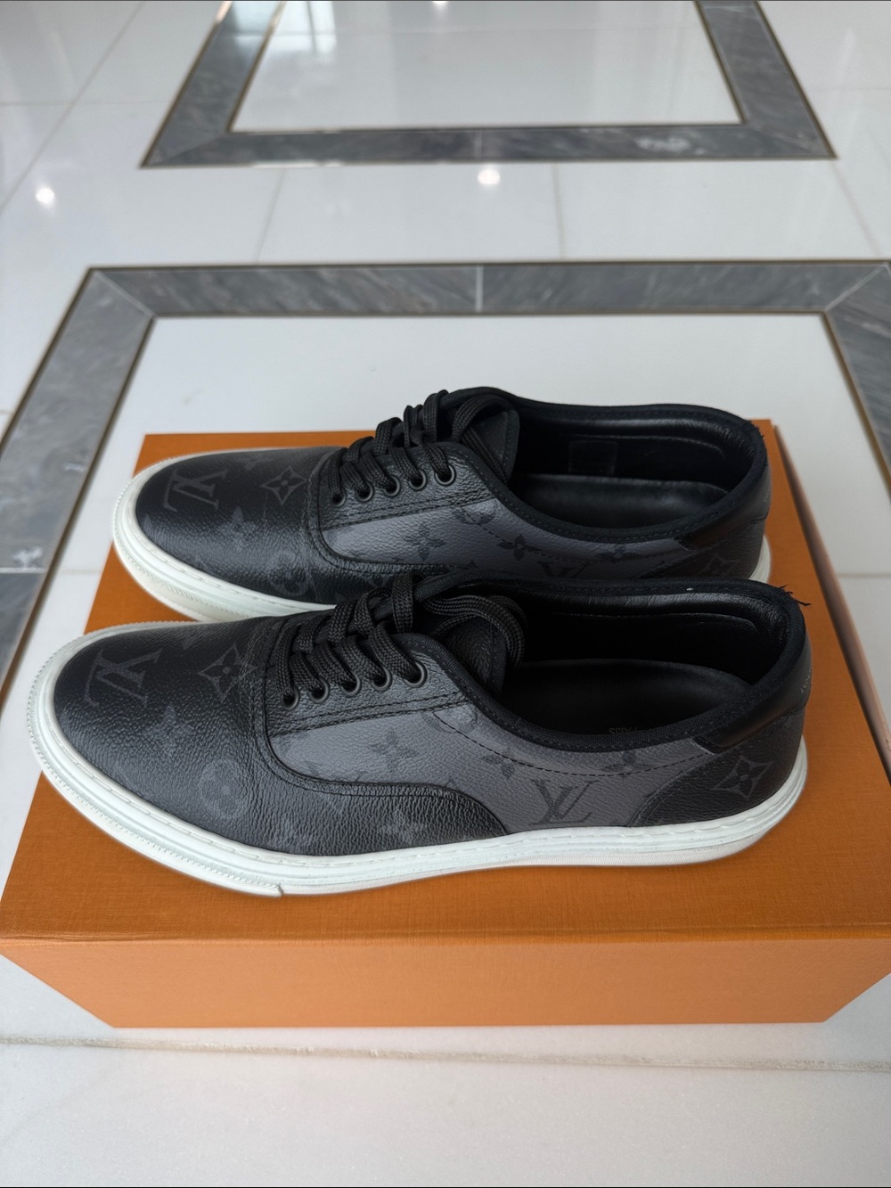 Louis Vuitton Black Monogram Leather Low-Top Sneakers with White Sole - Picture 3 of 7
